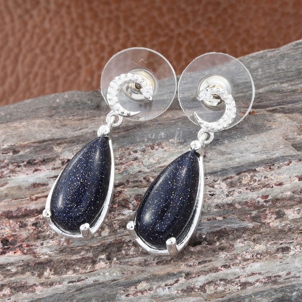 STERLING BLUE GOLDSTONE MOON EARRINGS